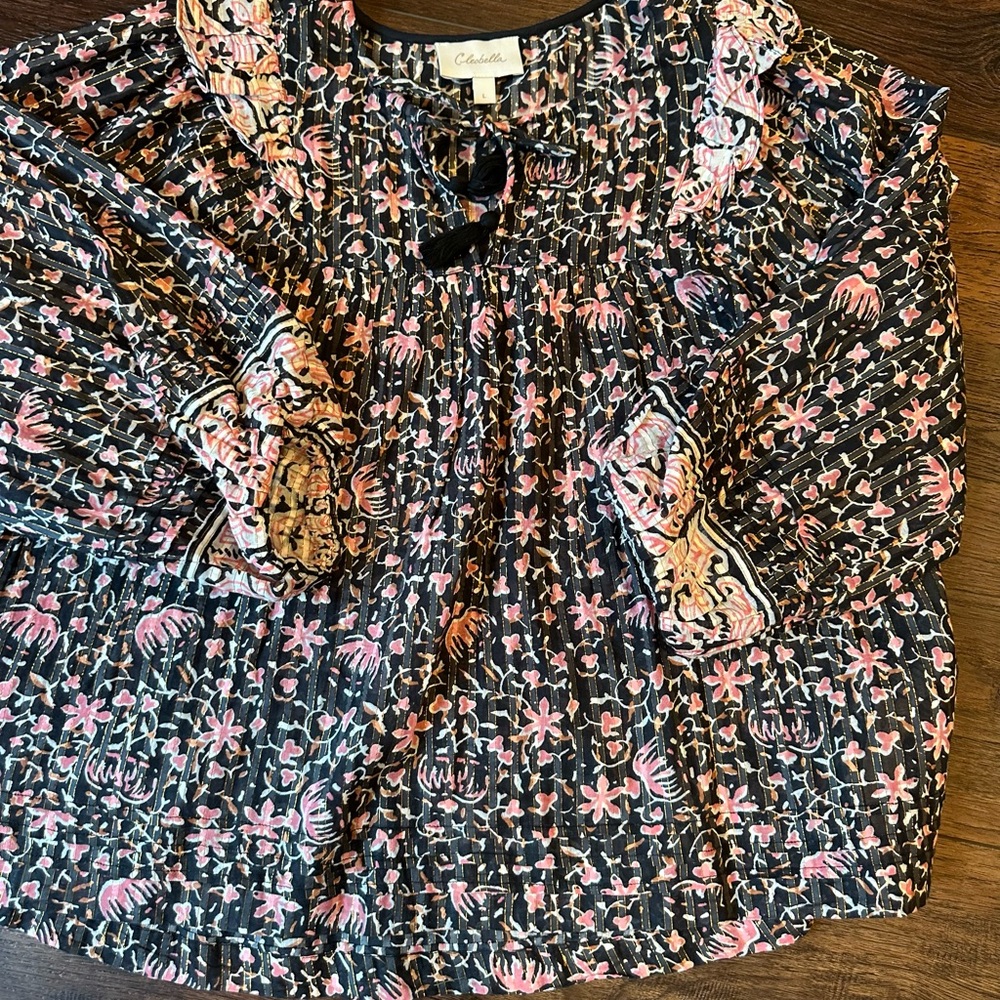 NWT Cleobella Black and Pink Smocked 3/4 Sleeve Blouse